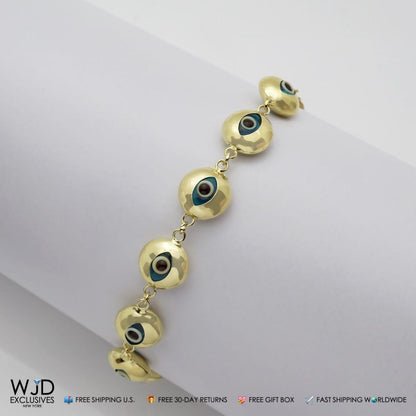 14k Gold Yellow Good Luck Evil Eye Cable  Charm Bracelet 7"