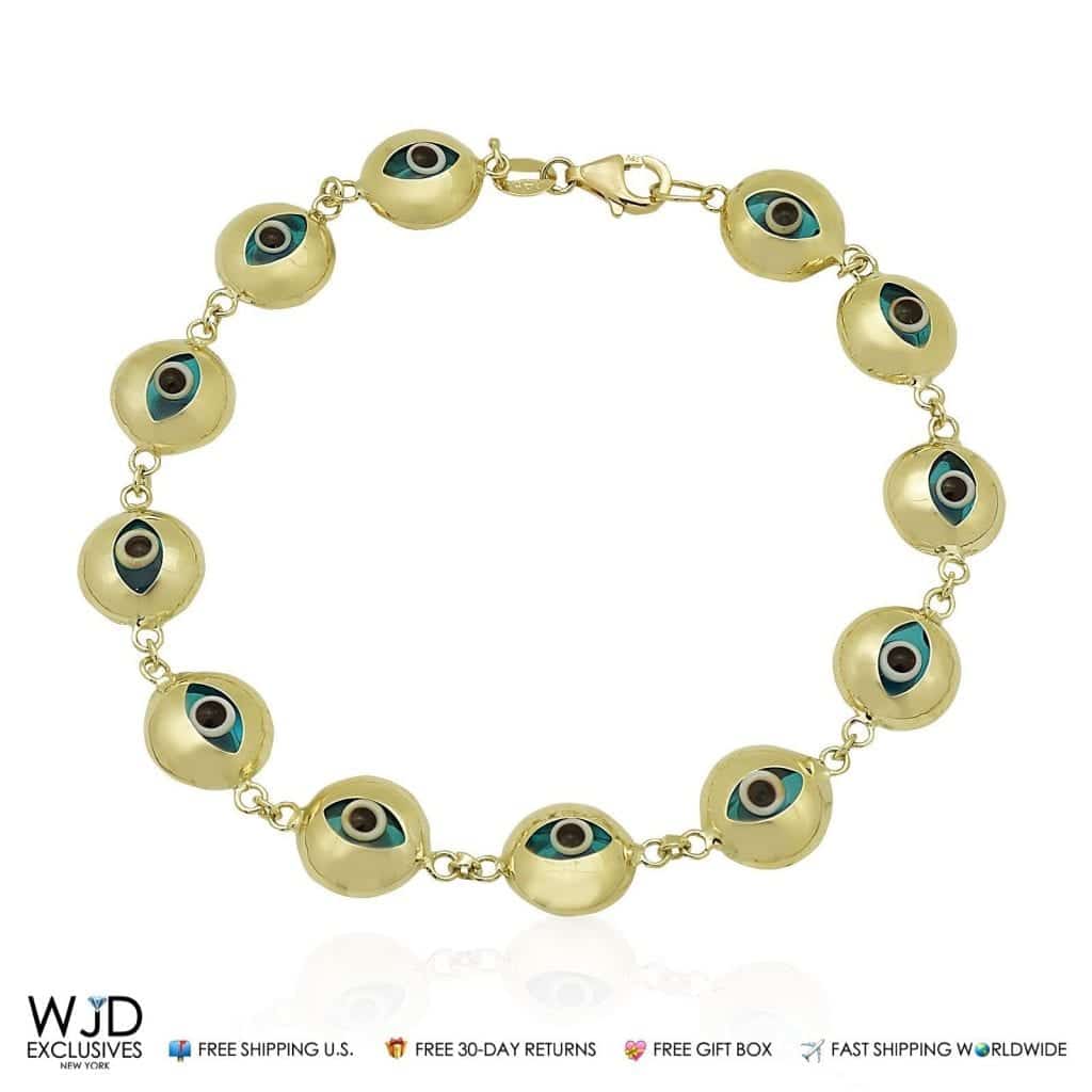14k Gold Yellow Good Luck Evil Eye Cable Charm Bracelet 7"