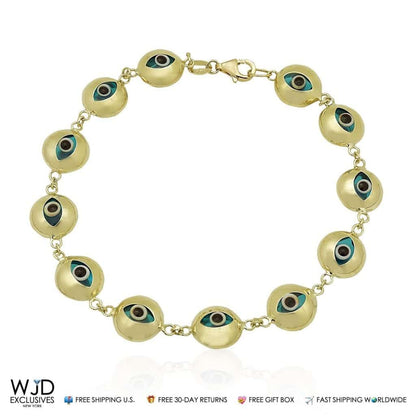 14k Gold Yellow Good Luck Evil Eye Cable Charm Bracelet 7"