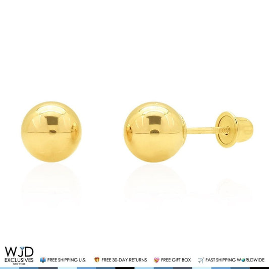 14k Solid Yellow Gold Screwback Round Ball Stud Earrings 6mm