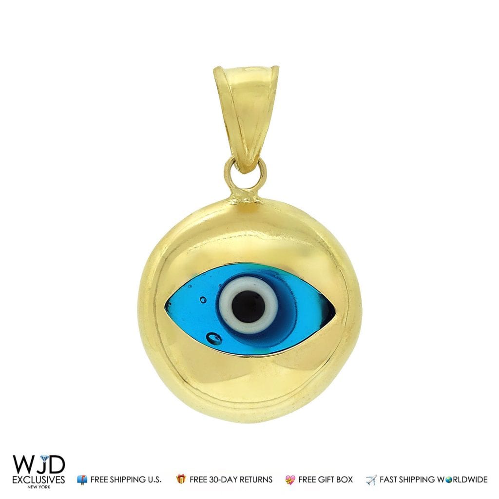 14k Solid Yellow Gold Good Luck Evil Eye Pendant 0.8"