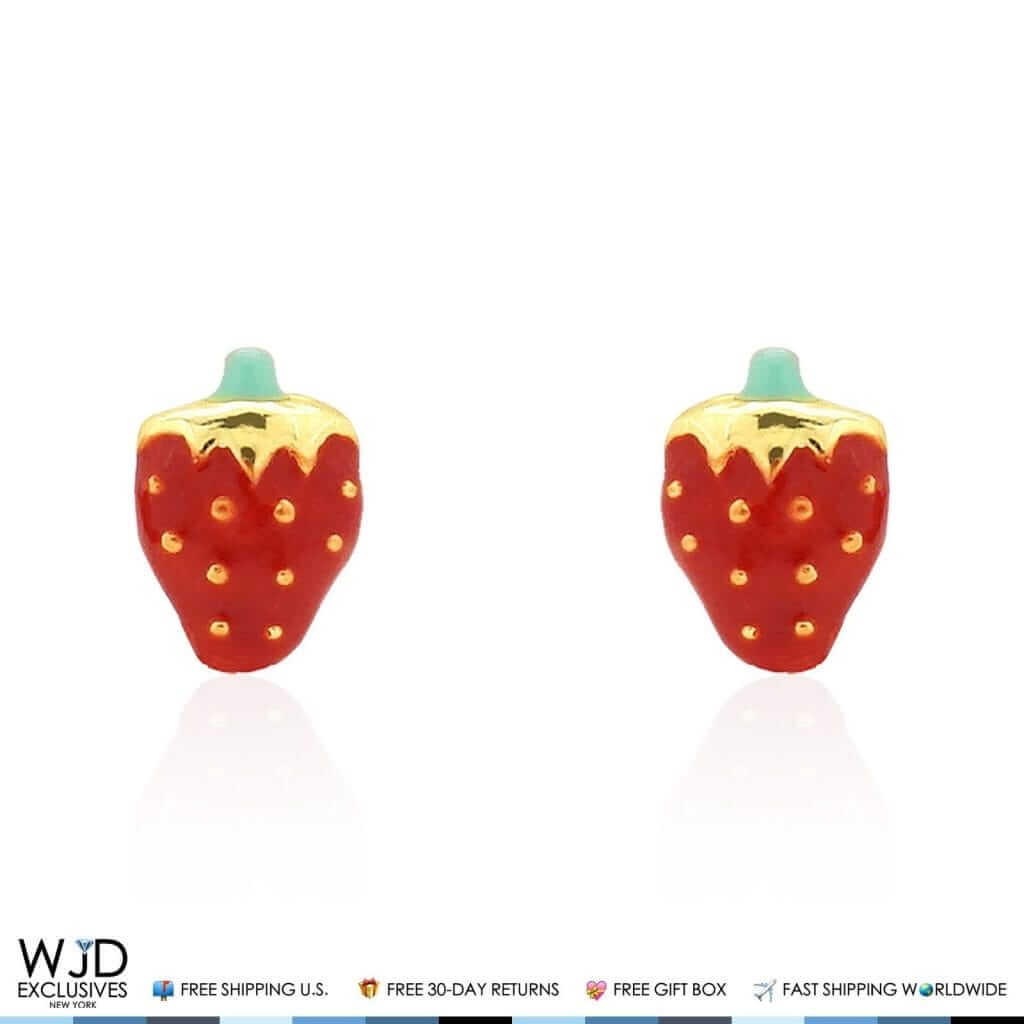 14K Yellow Gold Red Enamel Mini Strawberry Screw Back Stud Earrings 6.5mm