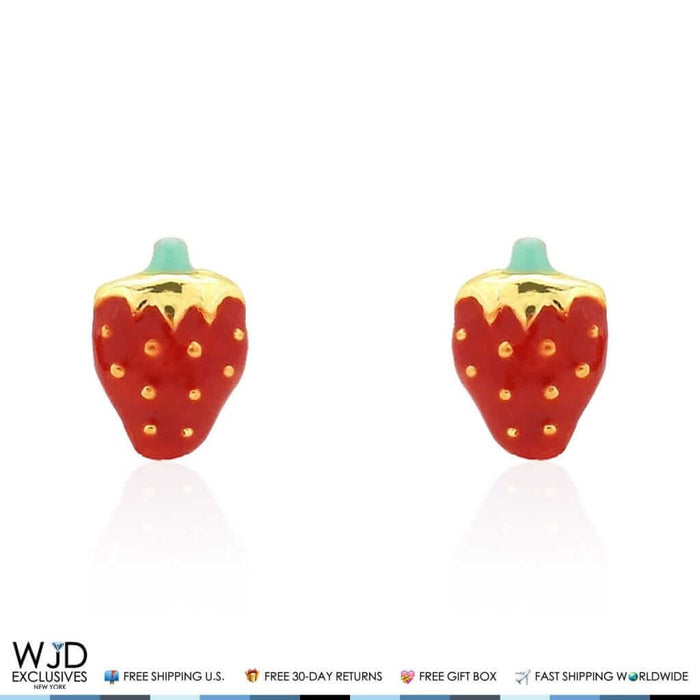 14K Yellow Gold Red Enamel Mini Strawberry Screw Back Stud Earrings 6.5mm