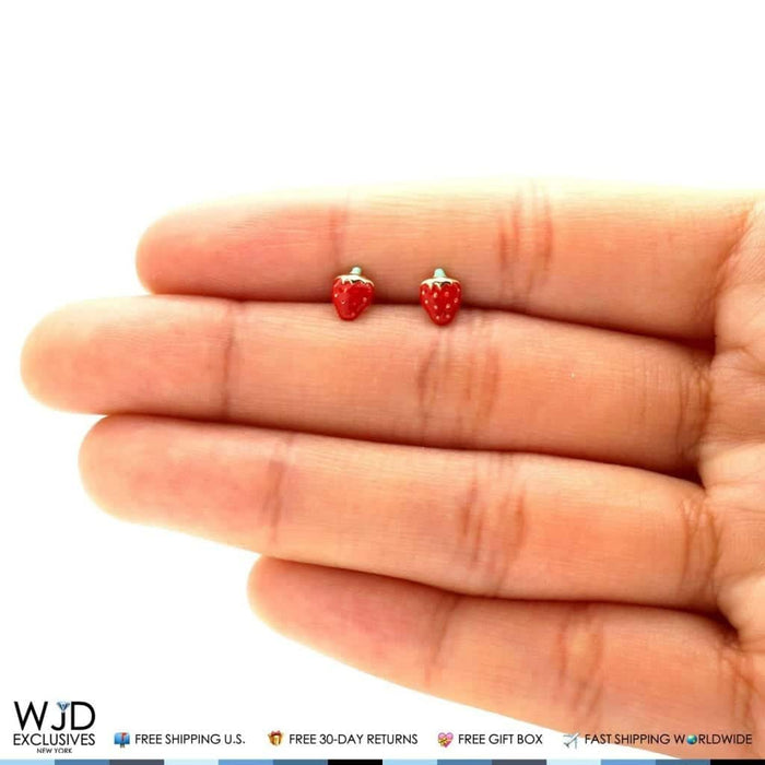 14K Yellow Gold Red Enamel Mini Strawberry Screw Back Stud Earrings 6.5mm