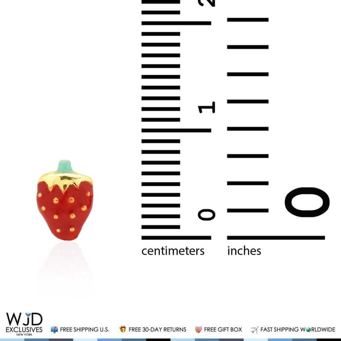 14K Yellow Gold Red Enamel Mini Strawberry Screw Back Stud Earrings 6.5mm