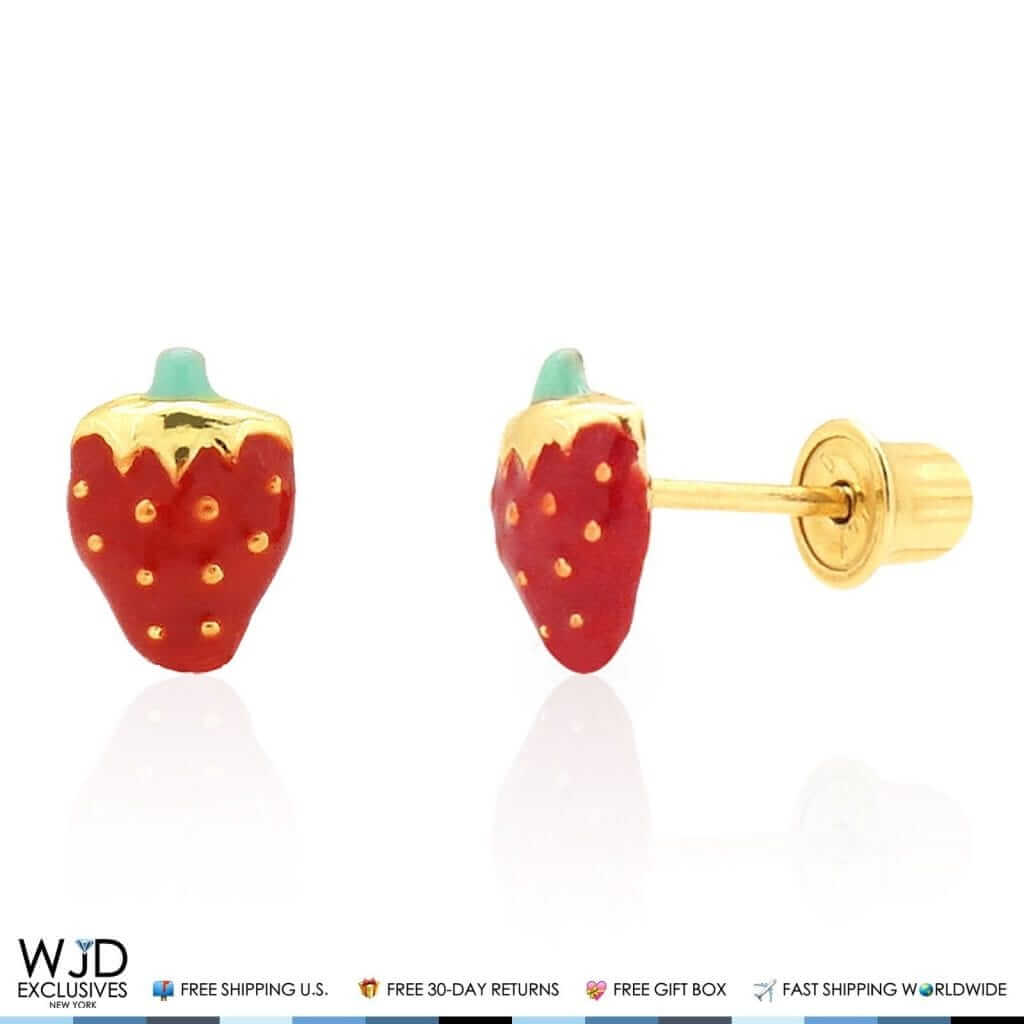 14K Yellow Gold Red Enamel Mini Strawberry Screw Back Stud Earrings 6.5mm