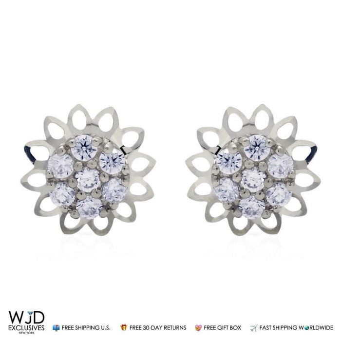 14k White Gold 0.40Ct CZ 9mm Diamond-Cut Flower Stud Earrings