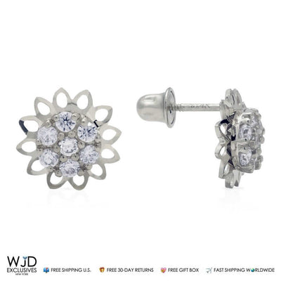 14k White Gold 0.40Ct CZ 9mm Diamond-Cut Flower Stud Earrings