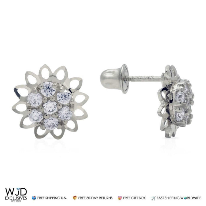 14k White Gold 0.40Ct CZ 9mm Diamond-Cut Flower Stud Earrings