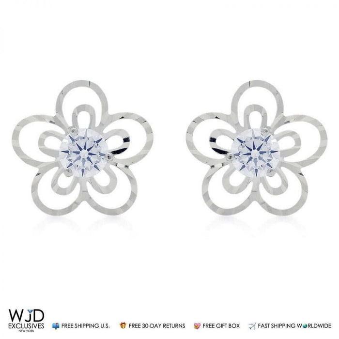14k White Gold 0.40Ct CZ 9mm Flower Stud Earrings
