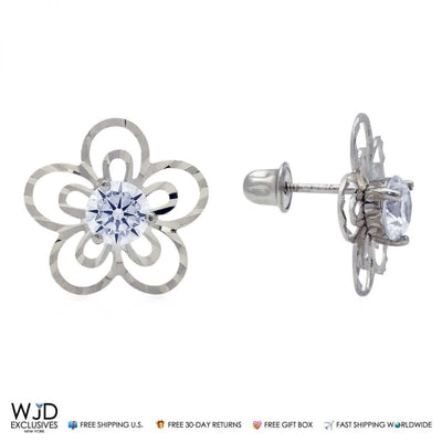 14k White Gold 0.40Ct CZ 9mm Flower Stud Earrings