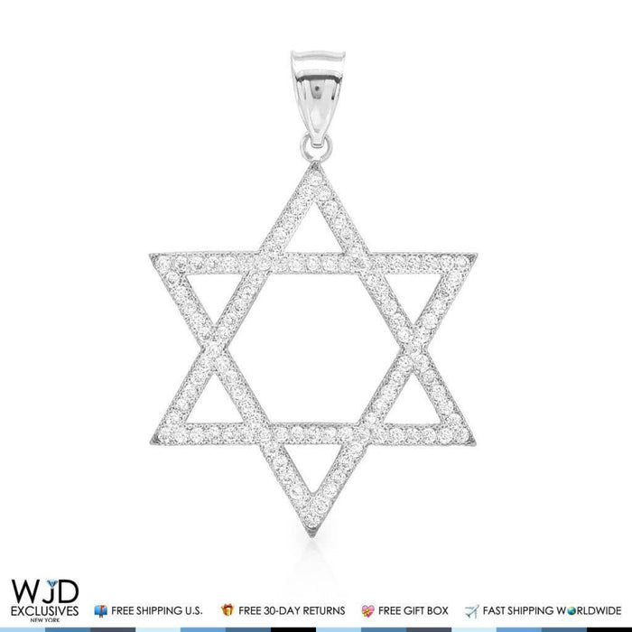 14k White Gold 1.50Ct CZ Star Of David Pendant 1.6"