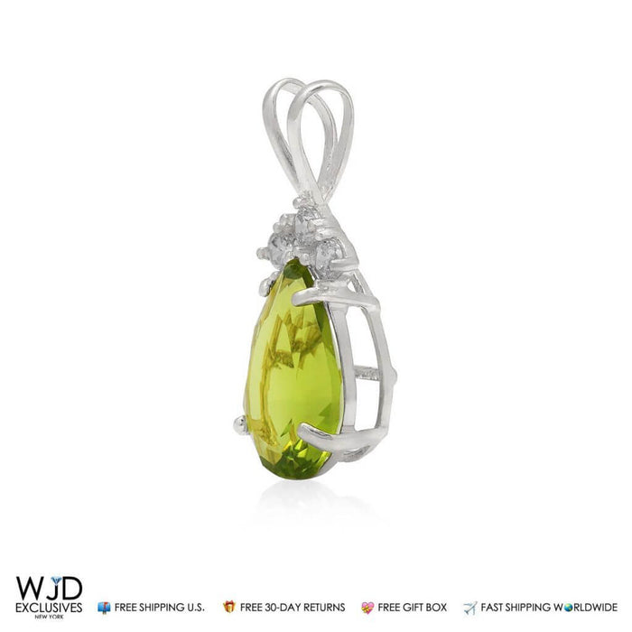 14k White Gold 1.85TCW CZ & Pear Shape Green Peridot Pendant 0.8"