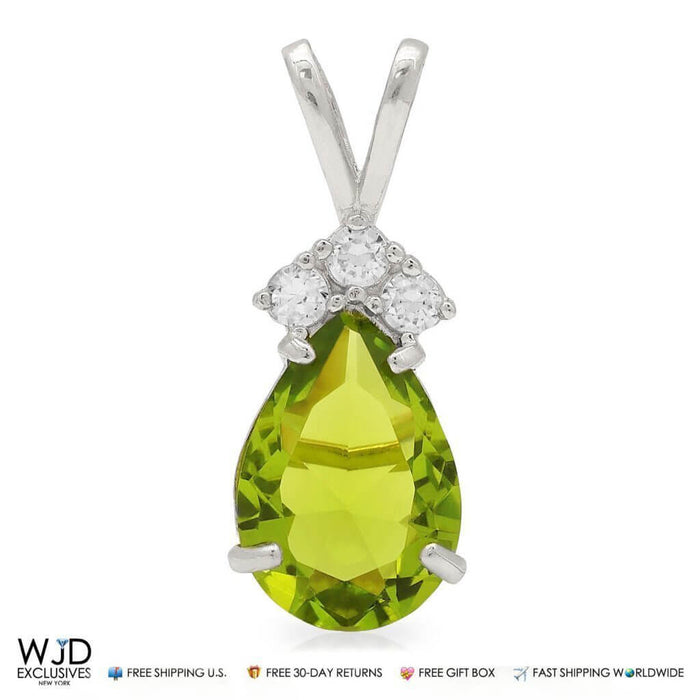14k White Gold 1.85TCW CZ & Pear Shape Green Peridot Pendant 0.8"