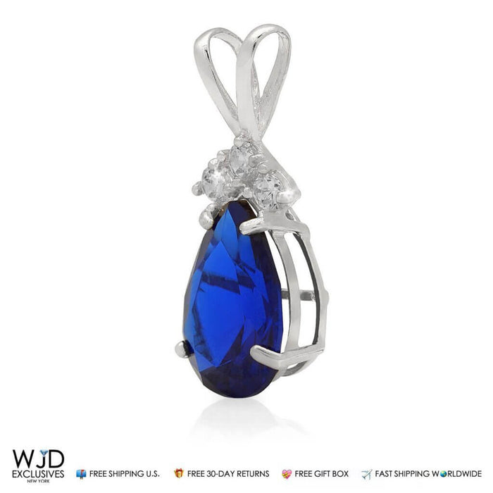 14k White Gold 1.85TCW CZ & Pear Shape Blue Sapphire Pendant