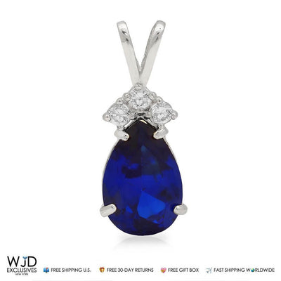 14k White Gold 1.85TCW CZ & Pear Shape Blue Sapphire Pendant