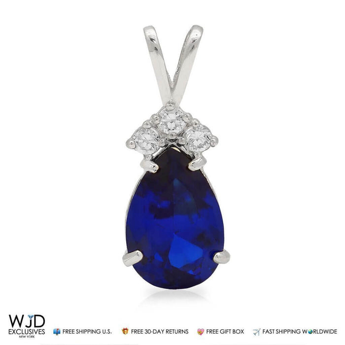 14k White Gold 1.85TCW CZ & Pear Shape Blue Sapphire Pendant