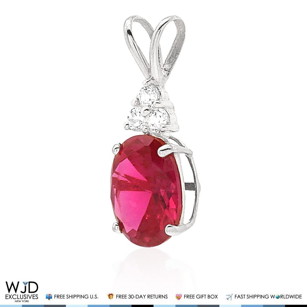 14k White Gold 2.20Ct CZ Oval Ruby Solitaire Charm Pendant 0.8"