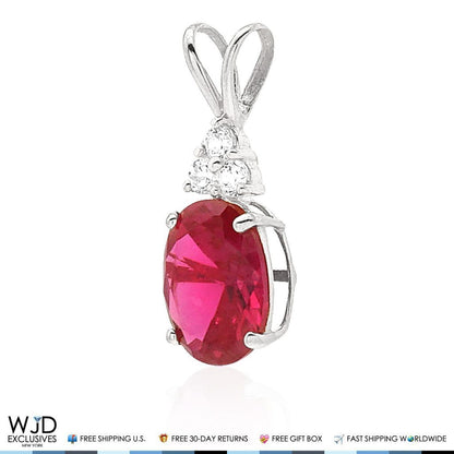 14k White Gold 2.20Ct CZ Oval Ruby Solitaire Charm Pendant 0.8"