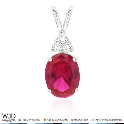 14k White Gold 2.20Ct CZ Oval Ruby Solitaire Pendant 0.8"