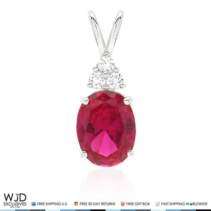 14k White Gold 2.20Ct CZ Oval Ruby Solitaire Charm Pendant 0.8"