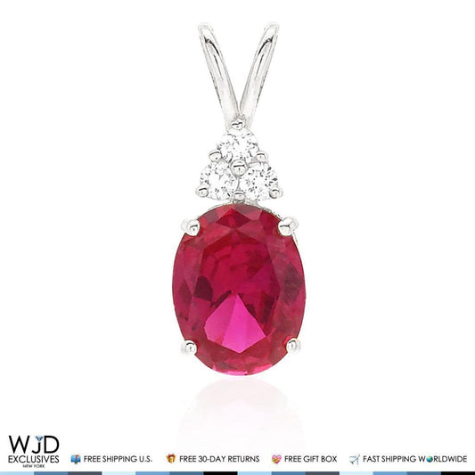 14k White Gold 2.20Ct CZ Oval Ruby Solitaire Charm Pendant 0.8"