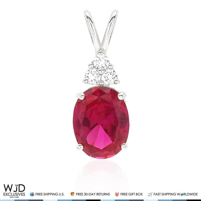 14k White Gold 2.20Ct CZ Oval Ruby Solitaire Pendant 0.8"