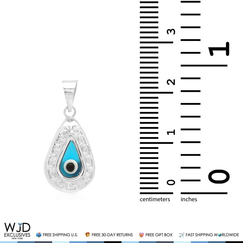 14k White Gold Diamond Cut Pear Shape Good Luck Evil Eye Charm Pendant 0.9"