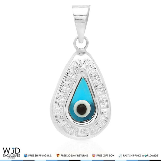 14k White Gold Diamond Cut Pear Shape Good Luck Evil Eye Charm Pendant 0.9"
