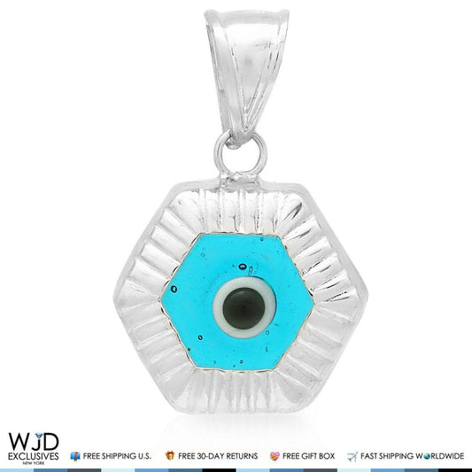 14k White Gold Hexagonal Shape Evil Eye Good Luck Charm Pendant 0.8"