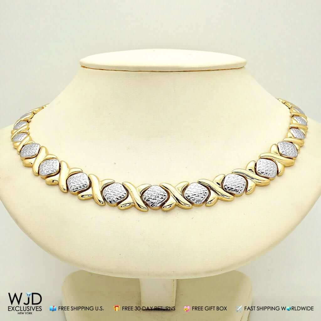 14K Two-Tone Gold Diamond-Cut Hugs & Kisses XO Necklace (Hollow) 18"