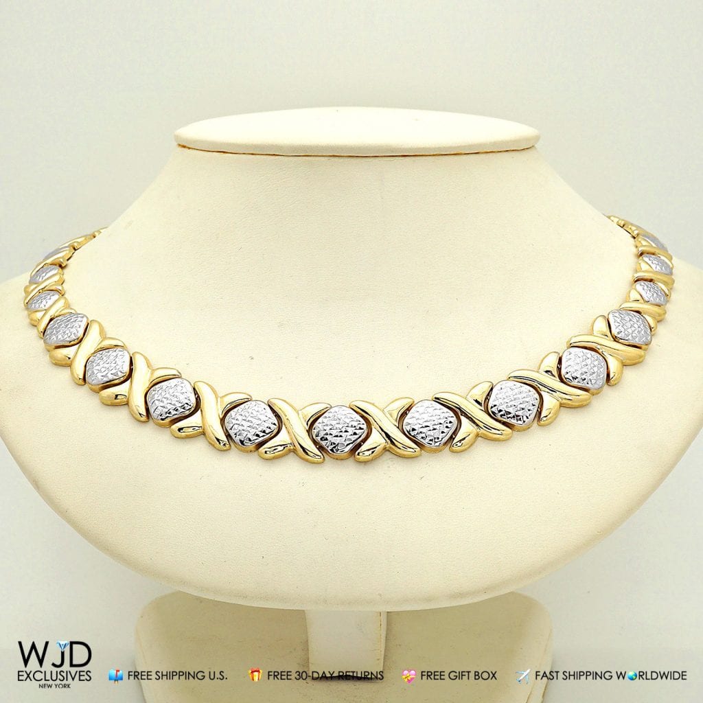 14k Gold Two-Tone Diamond-Cut Hugs & Kisses XO Necklace 18"
