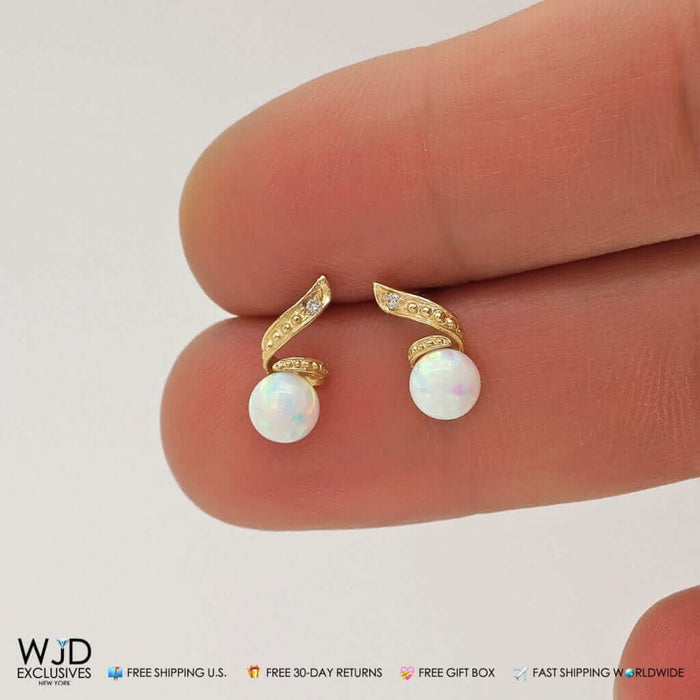 14k Yellow Gold 0.05Ct Diamond White Opal Dangle Ball Swirl Earrings 0.5"