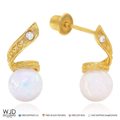 14k Yellow Gold 0.05Ct Diamond White Opal Dangle Ball Swirl Earrings 0.5"