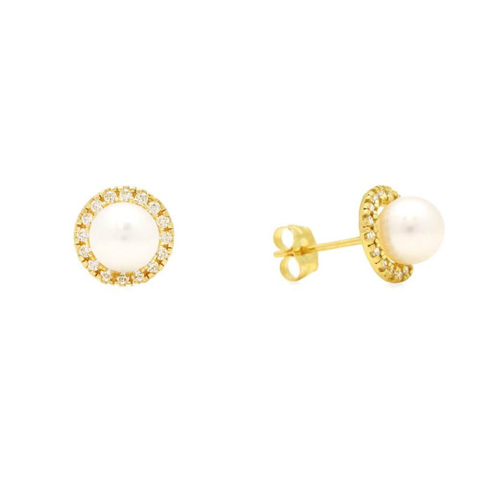 0.35Ct CZ 14k Yellow Gold 8mm Freshwater Pearl Halo Stud Earrings
