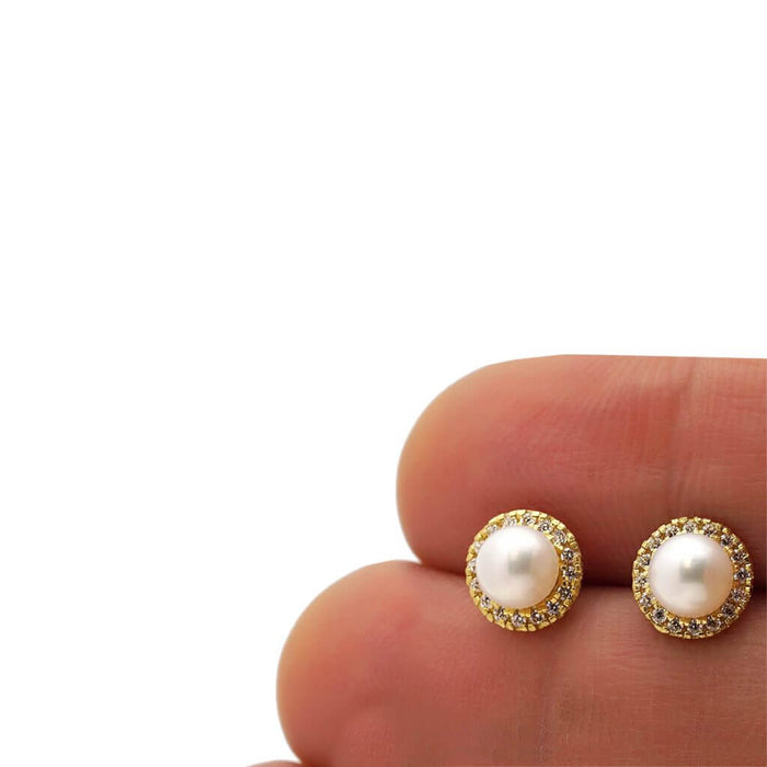 0.35Ct CZ 14k Yellow Gold 8mm Freshwater Pearl Halo Stud Earrings