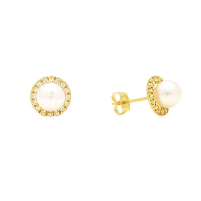 0.35Ct CZ 14k Yellow Gold 8mm Freshwater Pearl Halo Stud Earrings