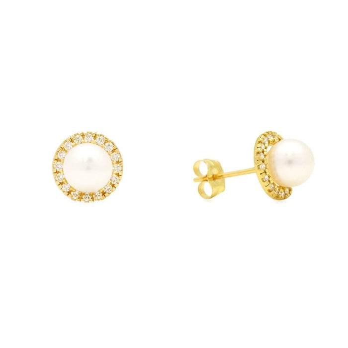 0.35Ct CZ 14k Yellow Gold 8mm Freshwater Pearl Halo Stud Earrings