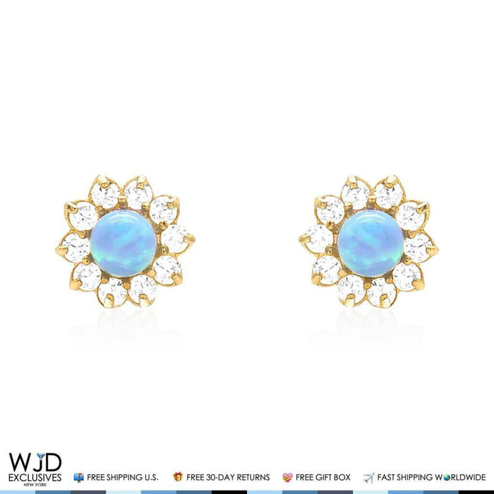 14k Yellow Gold 0.40Ct CZ & Blue Opal Flower Shaped Stud Earrings