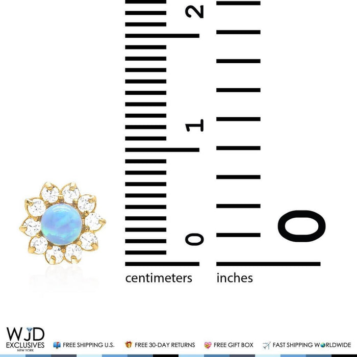 14k Yellow Gold 0.40Ct CZ & Blue Opal Flower Shaped Stud Earrings