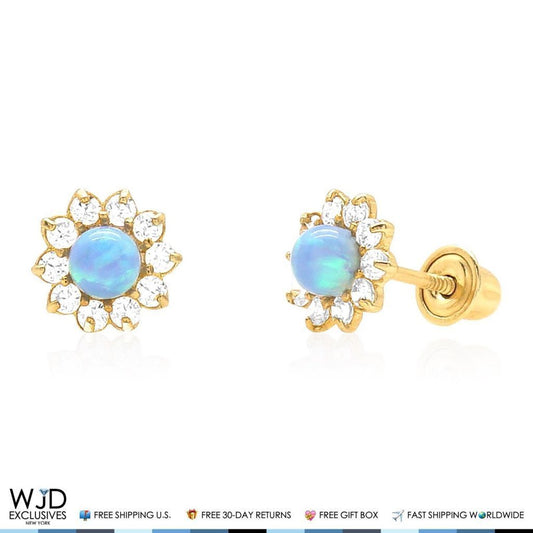 14k Yellow Gold 0.40Ct Created Diamond & Blue Opal Flower Shaped Stud Earrings