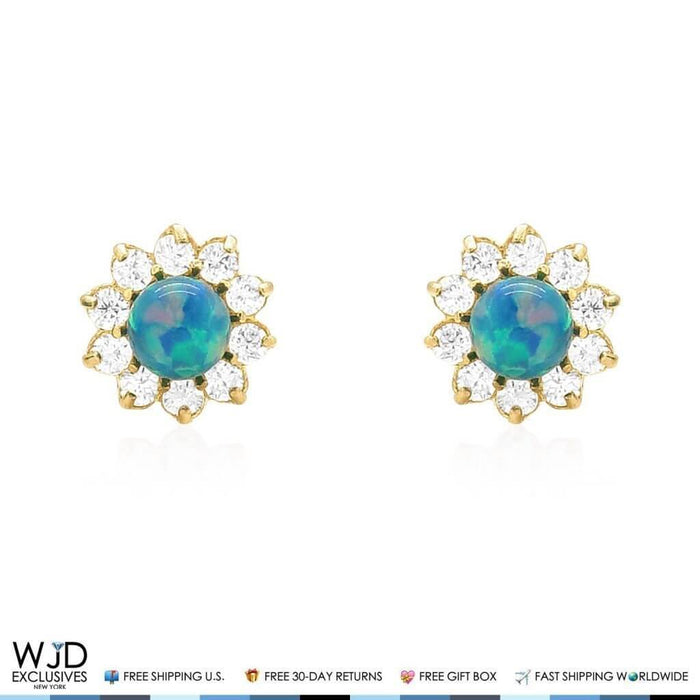 0.40CTW CZ 14k Yellow Gold Green Opal Flower Stud Earrings