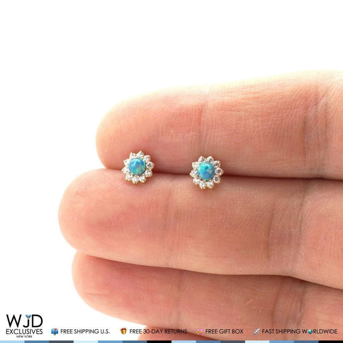 0.40CTW CZ 14k Yellow Gold Green Opal Flower Stud Earrings