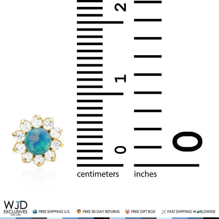 0.40CTW CZ 14k Yellow Gold Green Opal Flower Stud Earrings