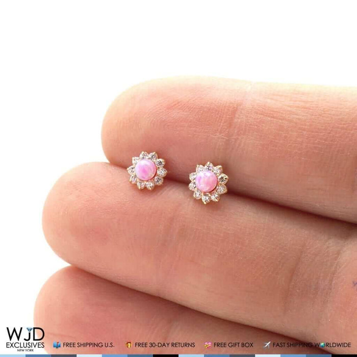 14k Yellow Gold 0.40Ct CZ Pink Opal Flower Shaped Stud Earrings