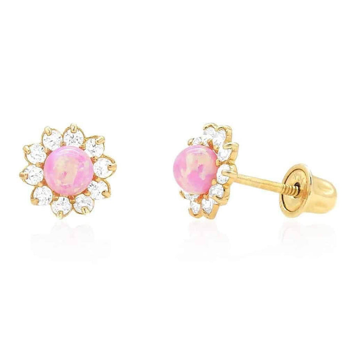 14k Yellow Gold 0.40Ct CZ Pink Opal Flower Shaped Stud Earrings