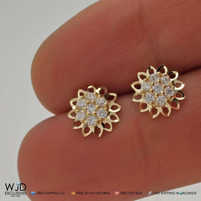 14k Yellow Gold 0.40Ct CZ Flower Stud Earrings 9mm