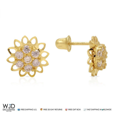 14k Yellow Gold 0.40Ct CZ Flower Stud Earrings 9mm