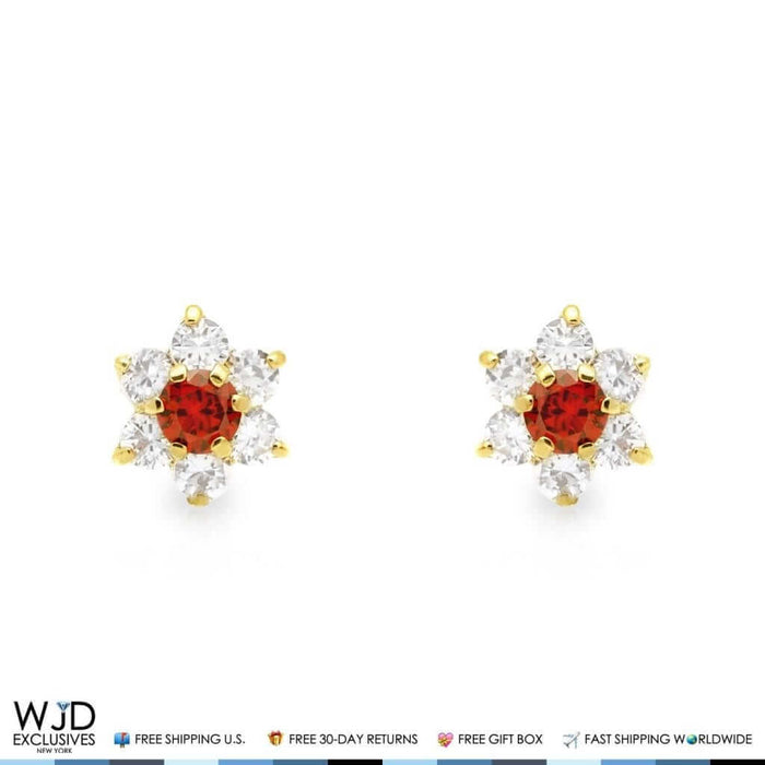 14k Yellow Gold 0.50Ct CZ & Garnet Flower Shape Stud Earrings 6mm