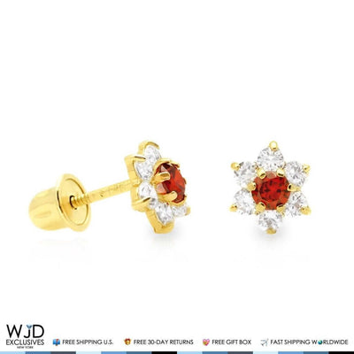 14k Yellow Gold 0.50Ct CZ & Garnet Flower Shape Stud Earrings 6mm